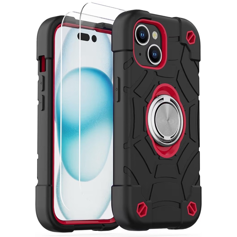 Black and Red Rugged Ring-Stand Phone Case with Screen Protector